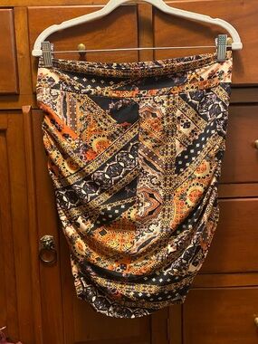 Free People Patchwork Print Ruched Pencil Skirt - Orange, Black & Cream